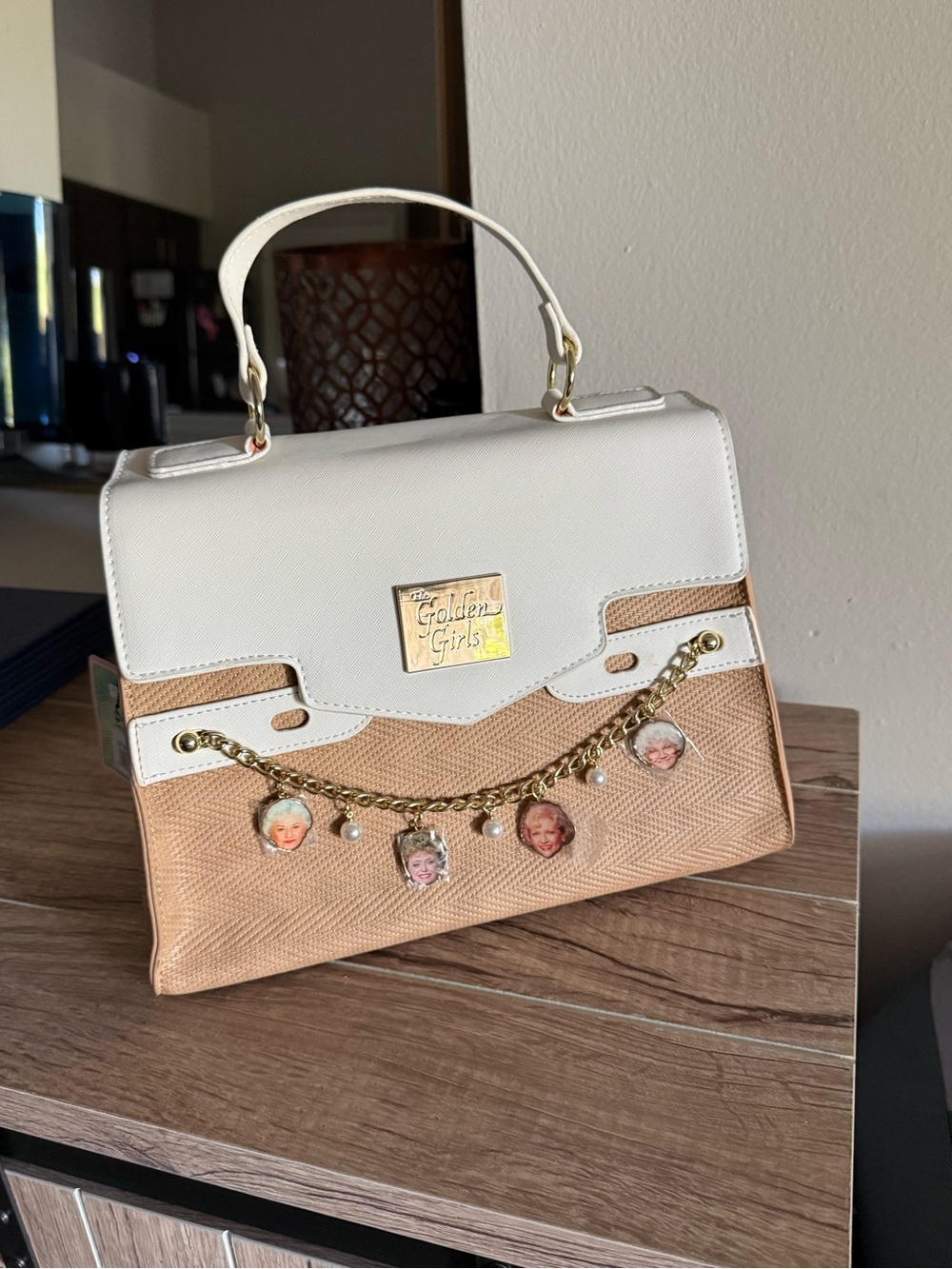 Golden Girls Two-Tone Charm Top-Handle Bag - White & Tan